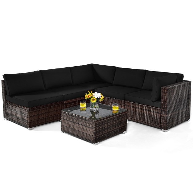 Tangkula 6pcs Wicker Patio Sectional Conversation Furniture Set With Coffee Table amp Seat Cushions Black