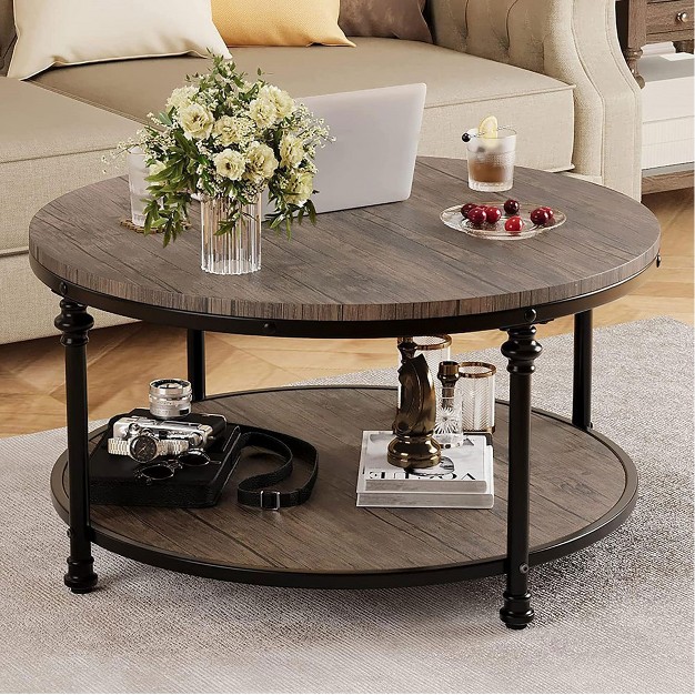 Trinity Round Coffee Table For Living Room Rustic Center Table With Storage Shelf