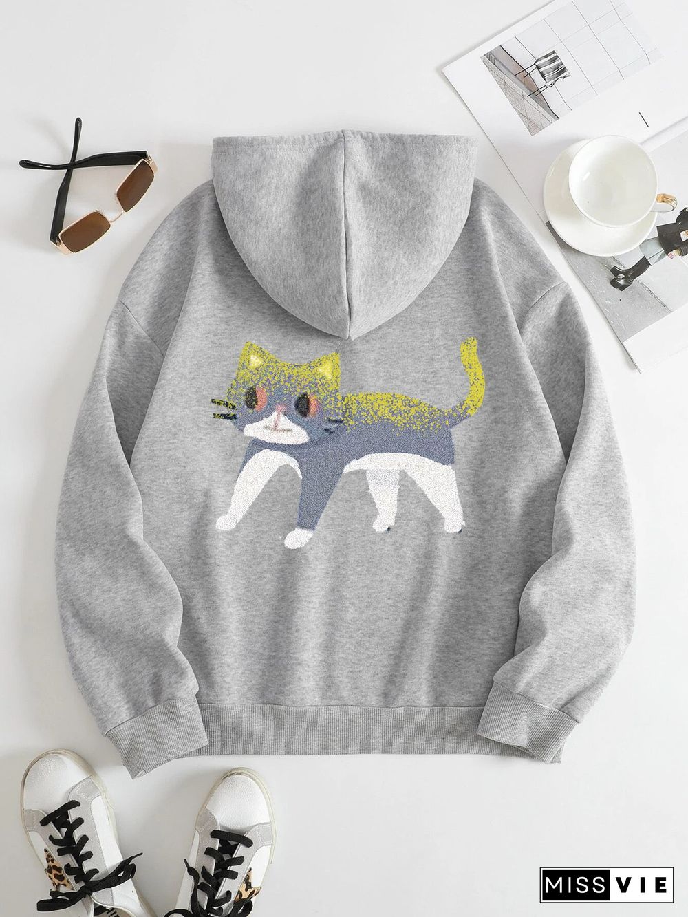 Printed on the Back Kangaroo Pocket Hoodie Long Sleeve for Women Pattern Cat