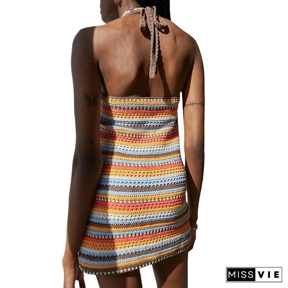 Women Halter Bodycon Mini Dress Sleeveless Backless Color Block Crochet Mini Dress Female Summer Clothes Tank Sundress