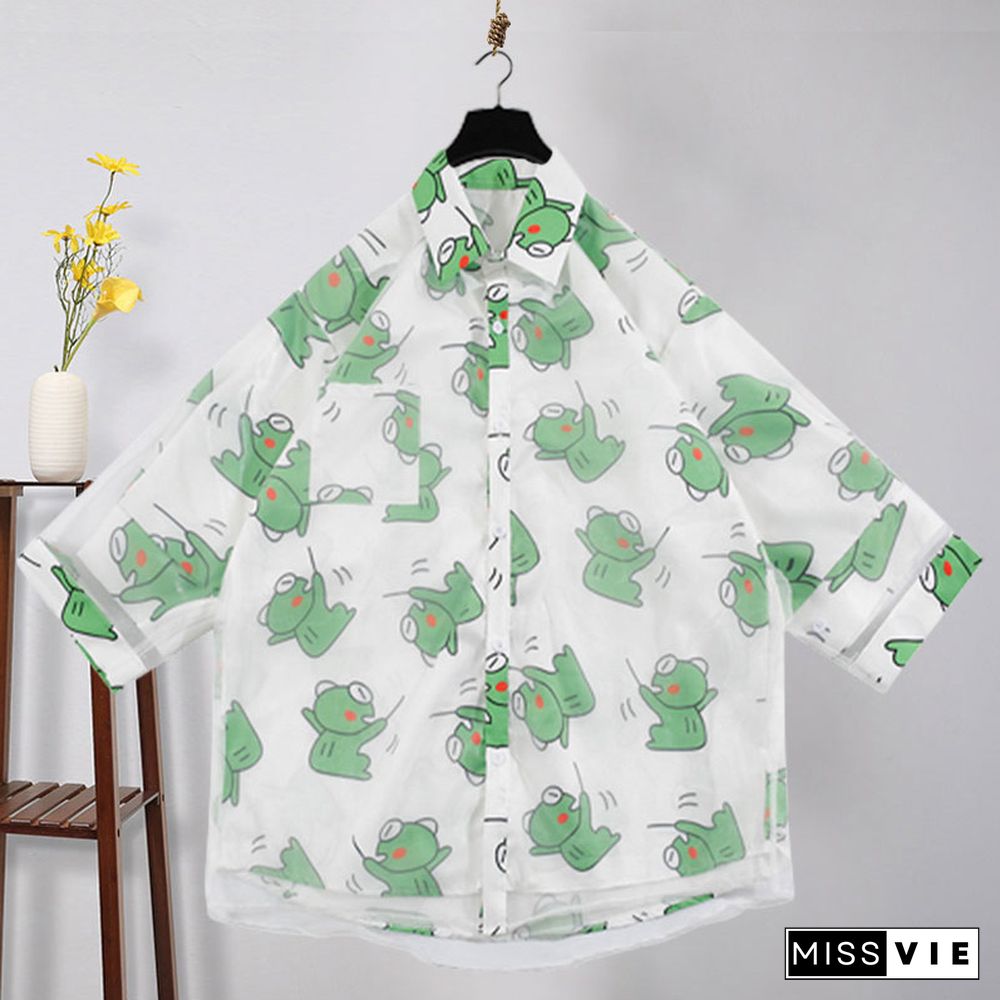 Vintage Cartoon Frog Print Loose Mesh T-Shirt