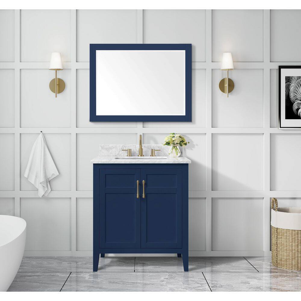 Home Decorators Collection Sturgess 31 in. W x 22 in. D x 35 in. H Bathroom Vanity in Navy Blue with Carrara White Marble Top 19111-VS31-NB