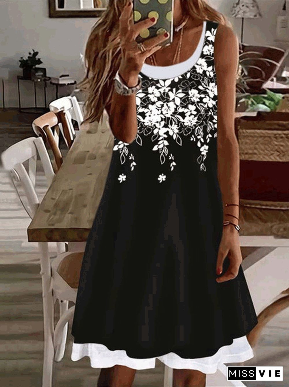 Women'S Dresses Floral Print Crew Neck Sleeveless Dress