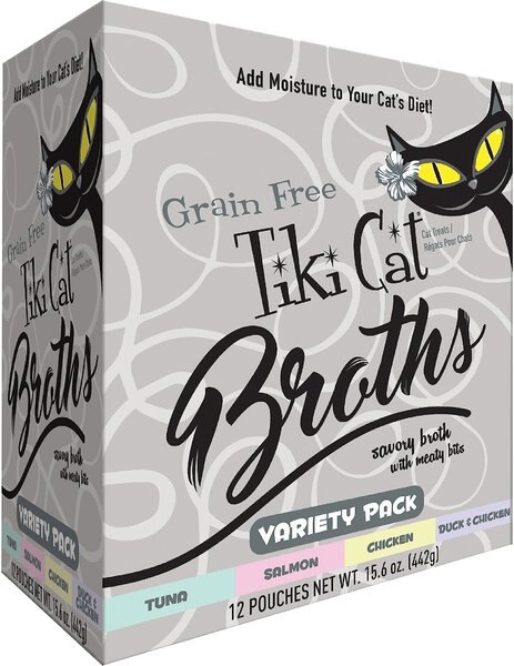 Tiki Cat Broths Variety Pack Grain-free Wet Cat Food Topper， 1.3-oz pouch， case of 12