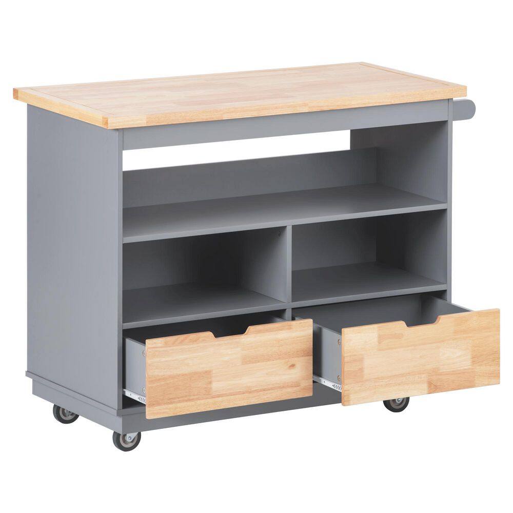 Runesay Gray Blue Rolling Mobile Kitchen Island Cart Solid Wood Top with 2-Drawer Tableware Cabinet and Spice Wine Towel Rack EC-KIGB-952