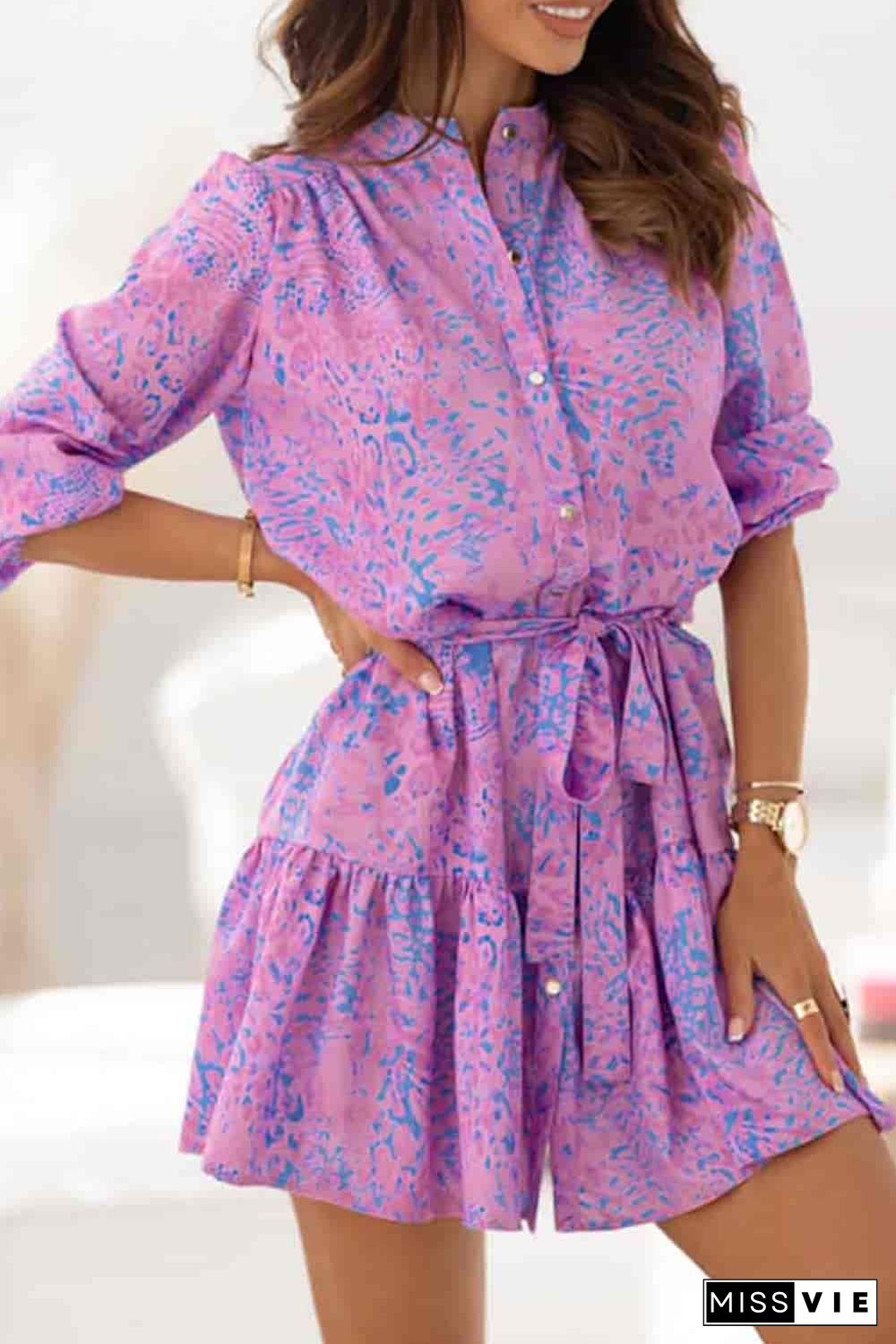 Purple Leopard Print Long Sleeve Shirt Dress