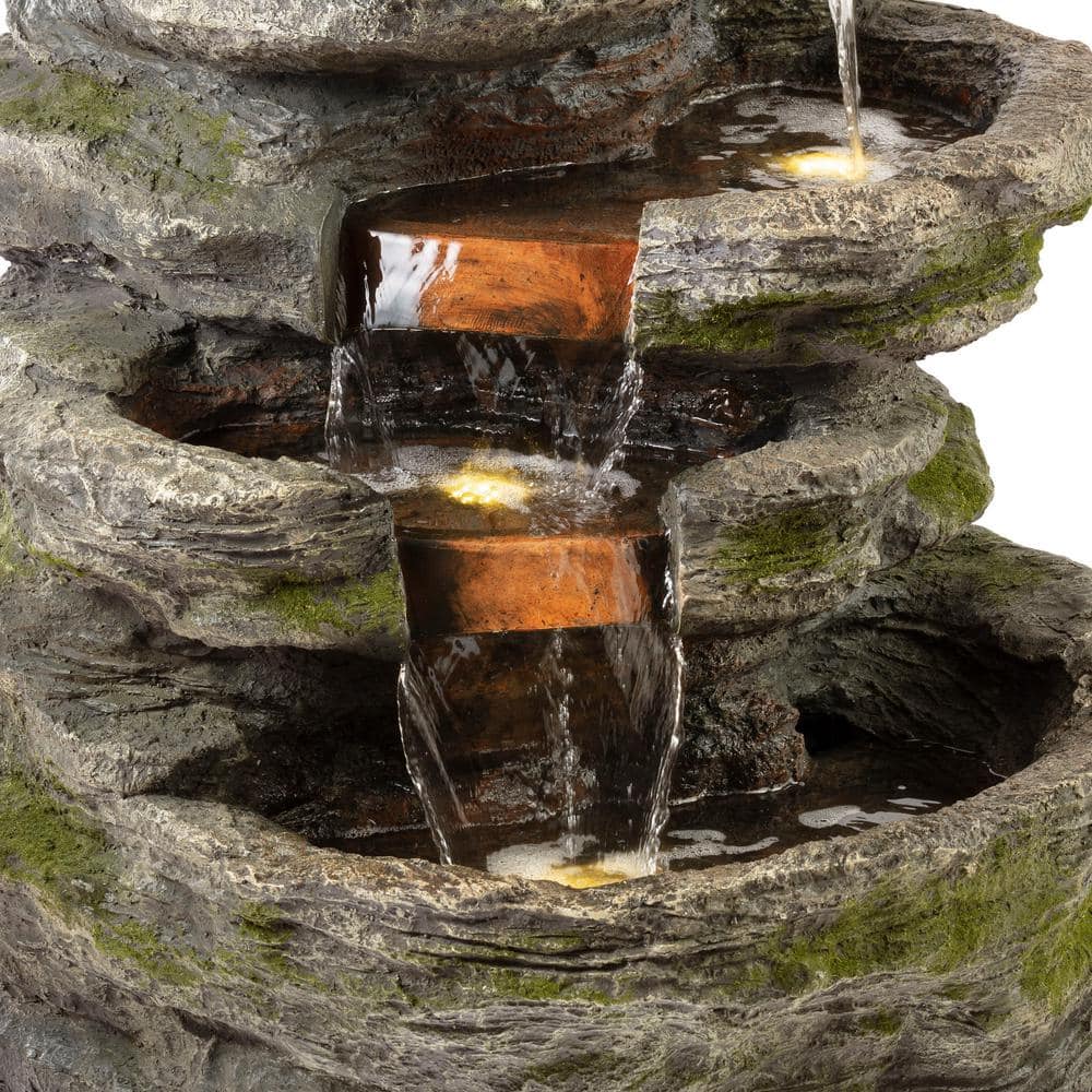 Alpine Corporation 58 in. Tall Outdoor 8-Tier Rainforest Rock Water Fountain with LED Lights WIN1146