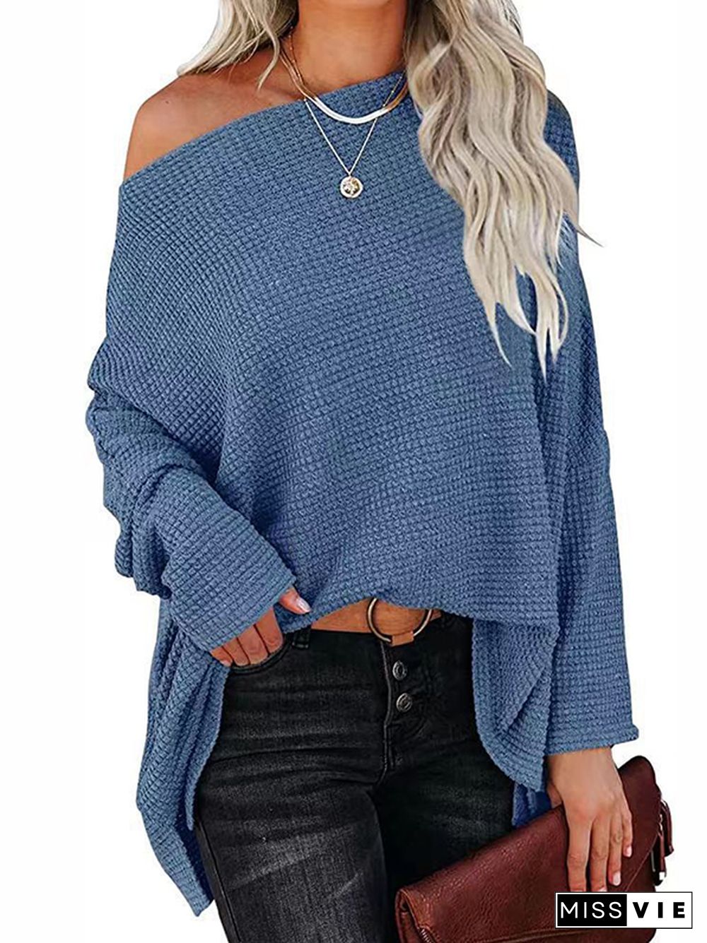 Long Sleeves Loose Solid Color Split-Side Boat Neck T-Shirts