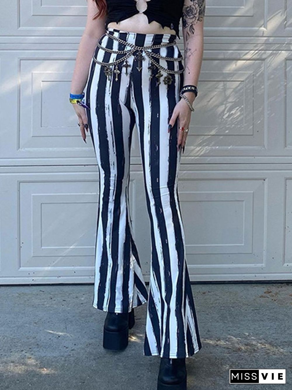 Contrast Color Striped High Rise Flare Leg Pants