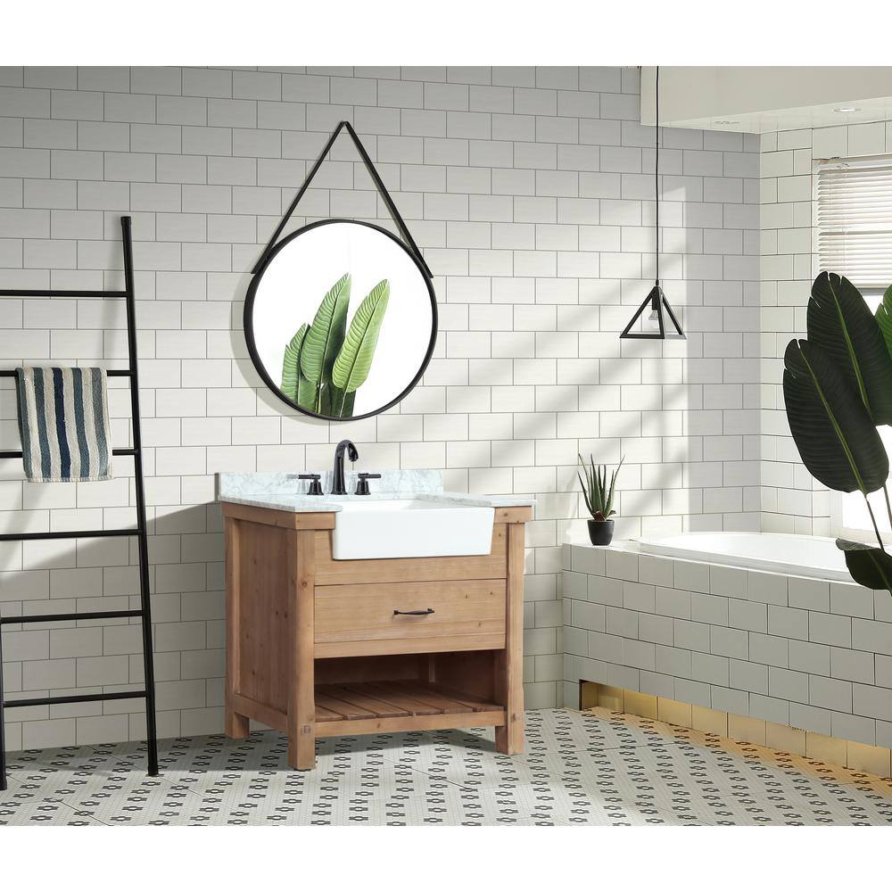 Ari Kitchen and Bath Marina 36 in. Single Bath Vanity in Driftwood with Marble Vanity Top in Carrara White with White Farmhouse Basin AKB-MARINA-36DW