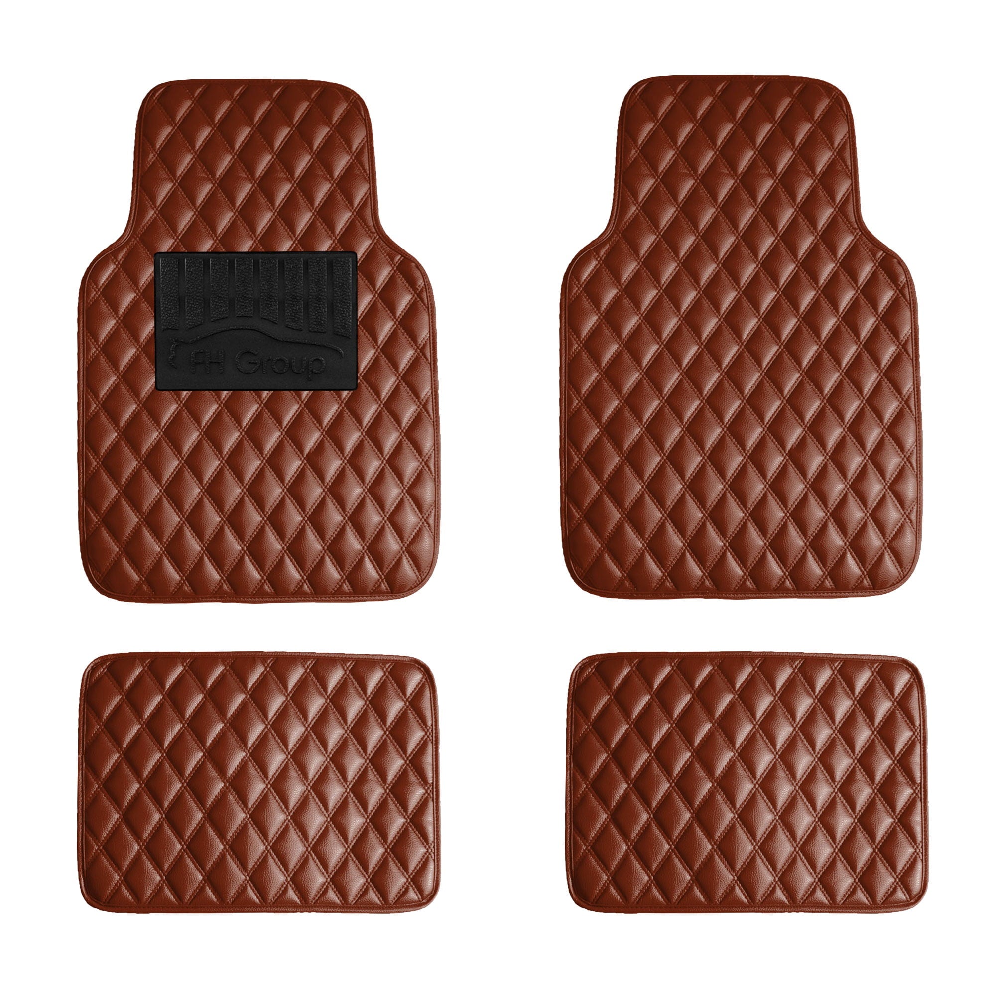 FH Group Universal Floor Mats for Cars Leather Diamond Design For Auto Brown w/ Gift