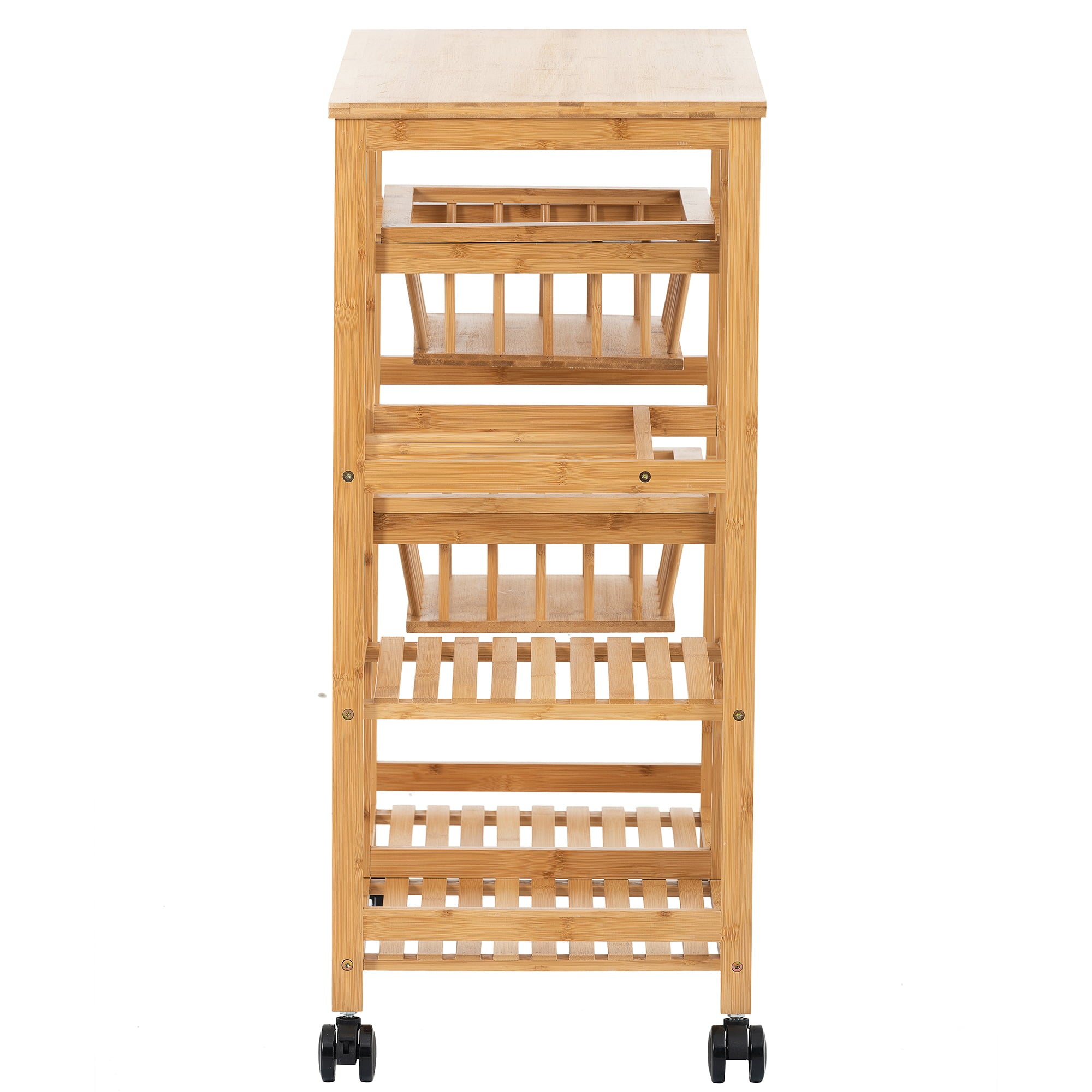 Bamboo Dining Cart， Kitchen Island Cart with Wood Tabletop， 4-Tier Rolling Storage Cart on Wheels， with Open Shelves and Basket Drawers for Home， Dining Room， Office， Restaurant， Hotel， L0485