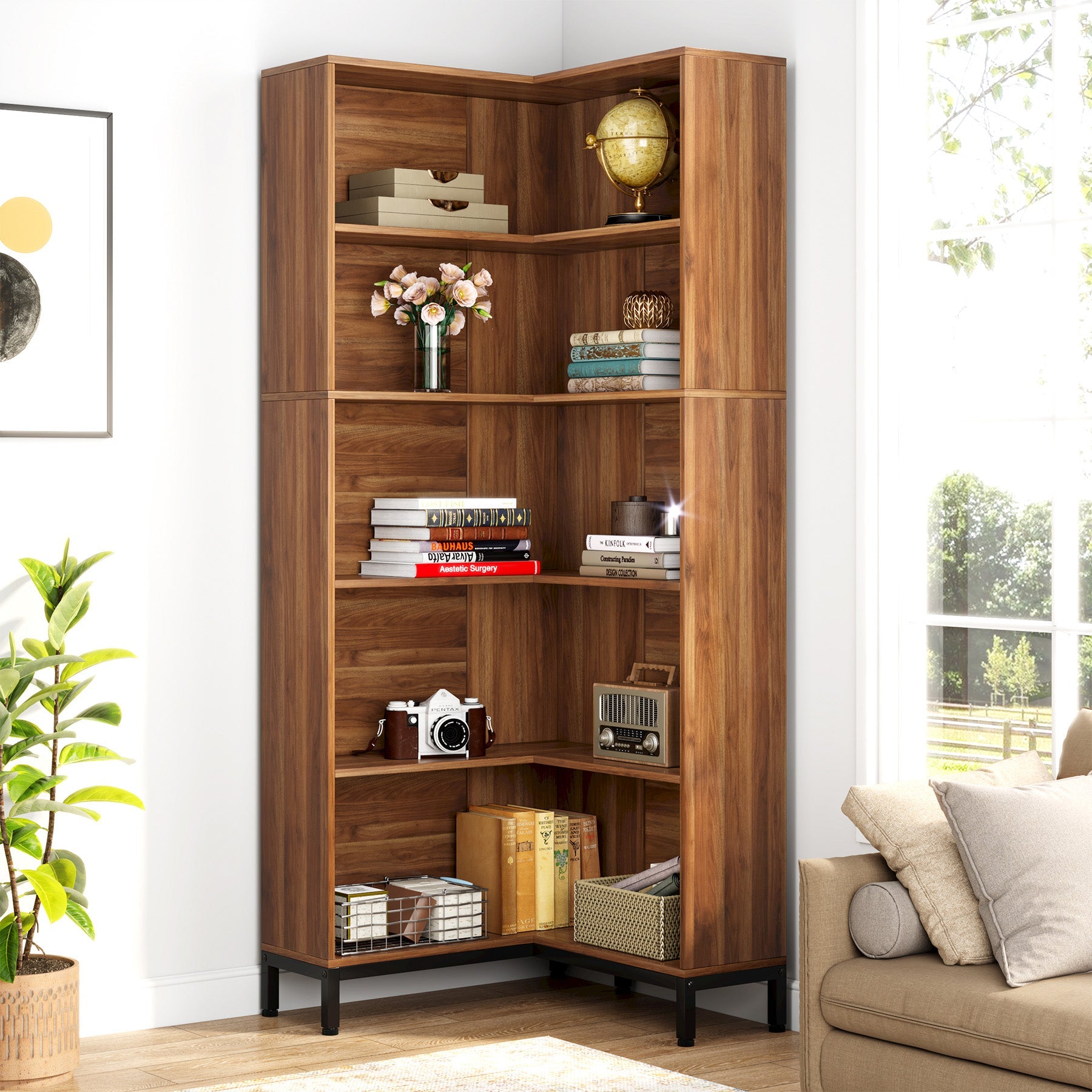 6-Tier Corner Bookcase, 71 inch L-Shaped Etagere Bookshelf