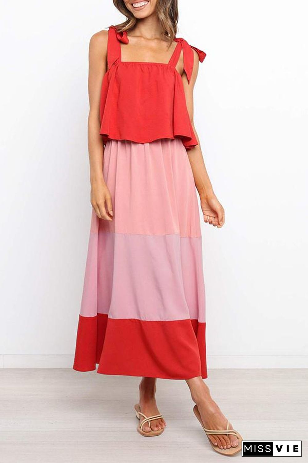 Lace-up Ruffled Colorblock Maxi Dress P13032