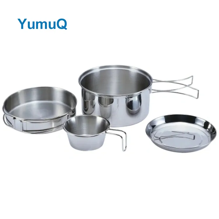 YumuQ 4 Pieces Customized Logo Stainless Steel Camping Cookware Set For Outdoor Hiking Cooking