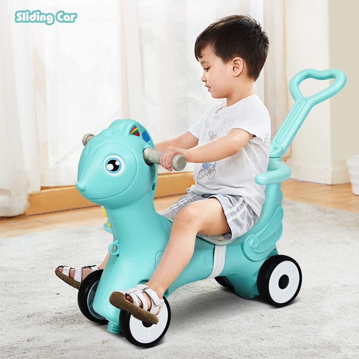 Costzon 4 in 1 Baby Rocking Horse, Ride on Push Car, Push and Ride Racer w/ Music, Green