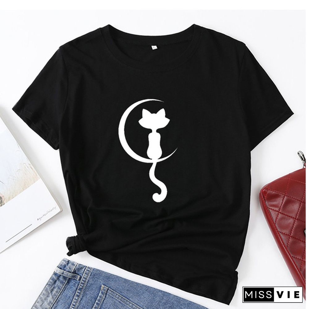 Women Fashion Cat Print T-shirt Summer Casual Short Sleeve Tee Shirt Ladies Round Neck Loose T-shirt