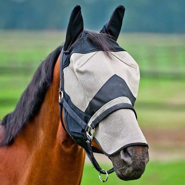 Horze Equestrian Long Nose Horse Fly Mask， Light Brown and Black