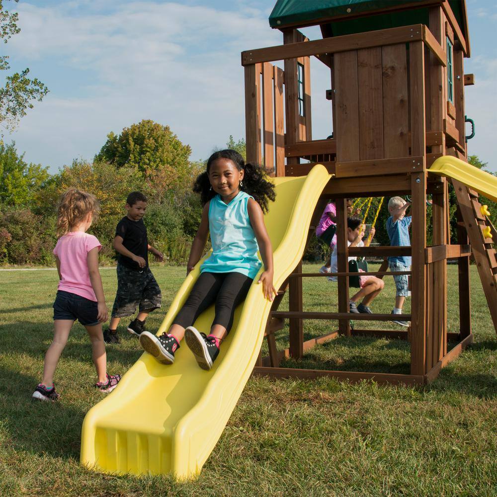 Swing-N-Slide Playsets Castlebrook Ready-To-Assemble Wooden Outdoor Playset with 2 Slides Rock Wall Swings and Swing Set Accessories WS 8355