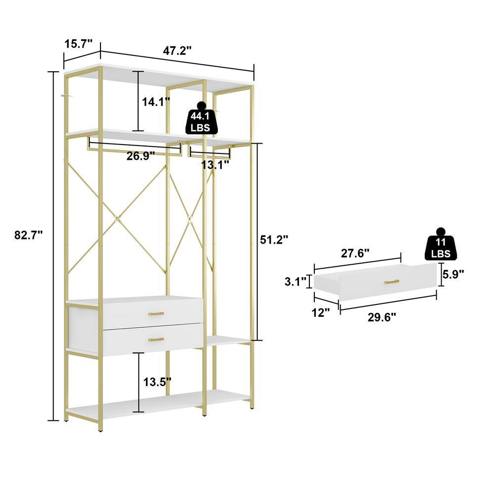 FUFUGAGA White and Gold Freestanding Metal Coat Rack Clothes Rack Closet Organizer with Hanging Rods and Open Shelf Drawers KF020382-01