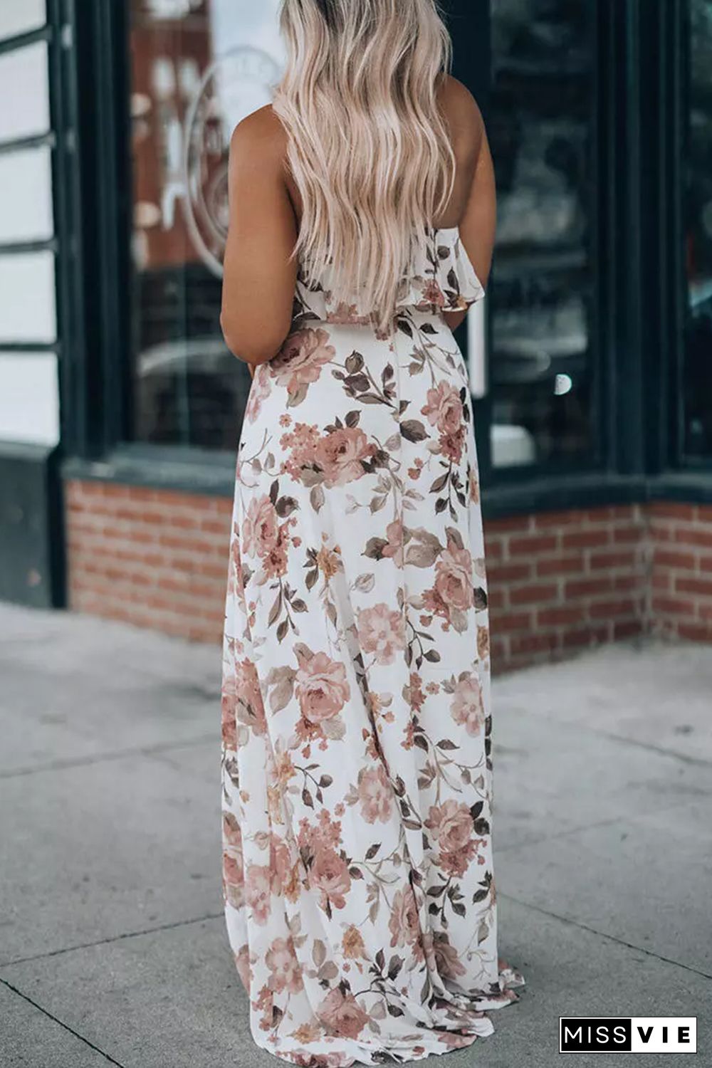 White Floral Slit Ruffled Halterneck Maxi Dress