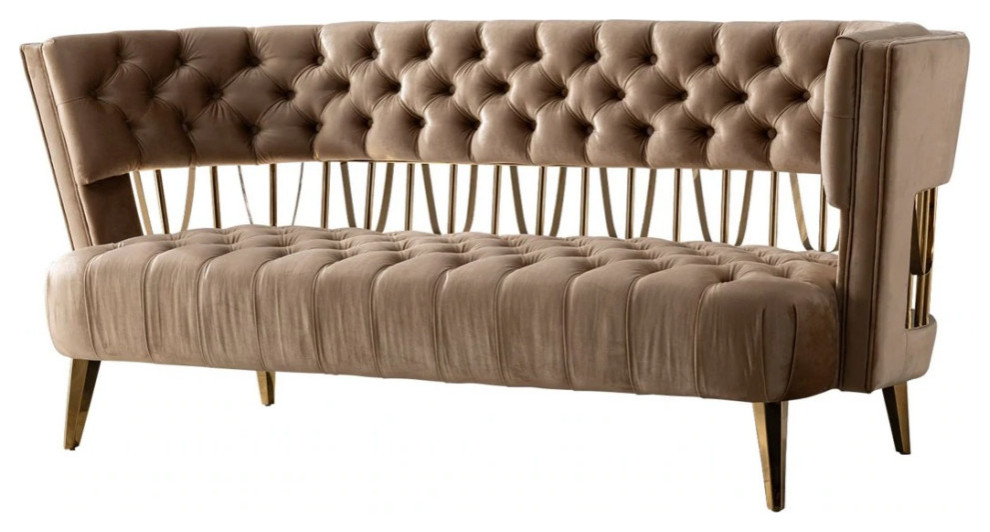 Silas Beige and Gold Fabric Loveseat   Midcentury   Loveseats   by V.S.D Furniture  Houzz