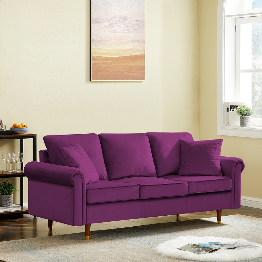 Velvet Sofa Couch with 2 Pillows  Modern 3 Seater Sofa With Wood Legs for Living Room and Bedroom .