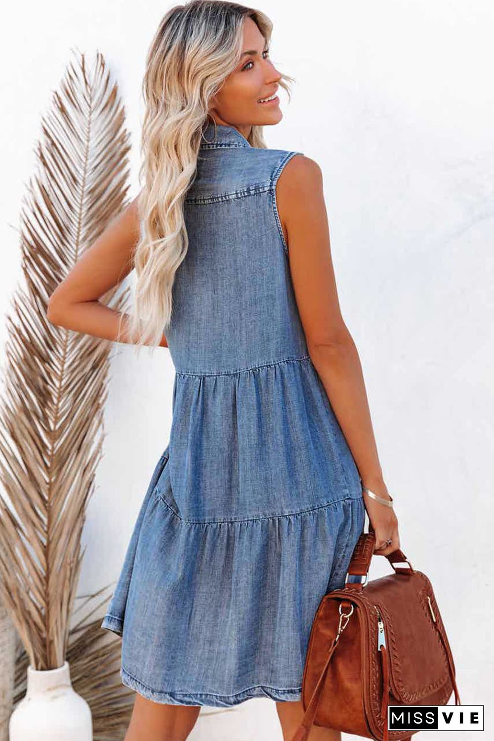 Sky Blue Flap Pockets Button up Sleeveless Denim Dress