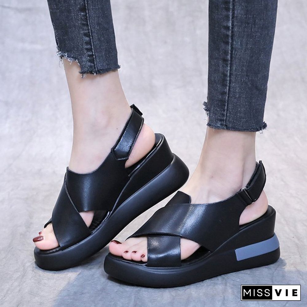 Summer Wedge Shoes For Women Sandals Solid Color Open Toe High Heels Casual Ladies Buckle Strap Fashion Female Sandalias Mujer