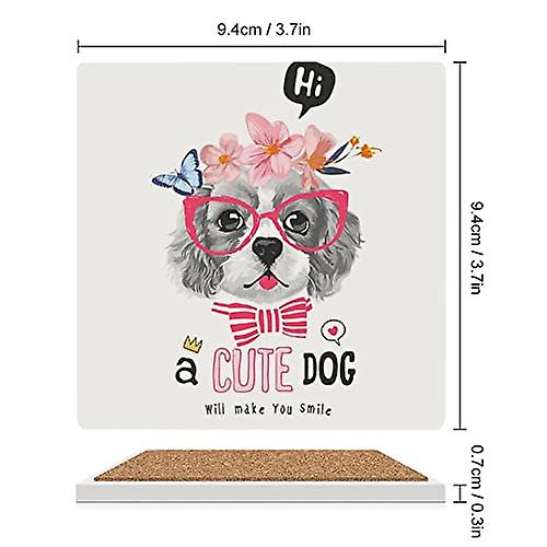 Colourlife Square Drink Coasters 4 Pcs Dog In Floral Crown Absorbent Ceramic Coffee Coasters For Drinks With Cork Base Housewarming Gift For Home Deco