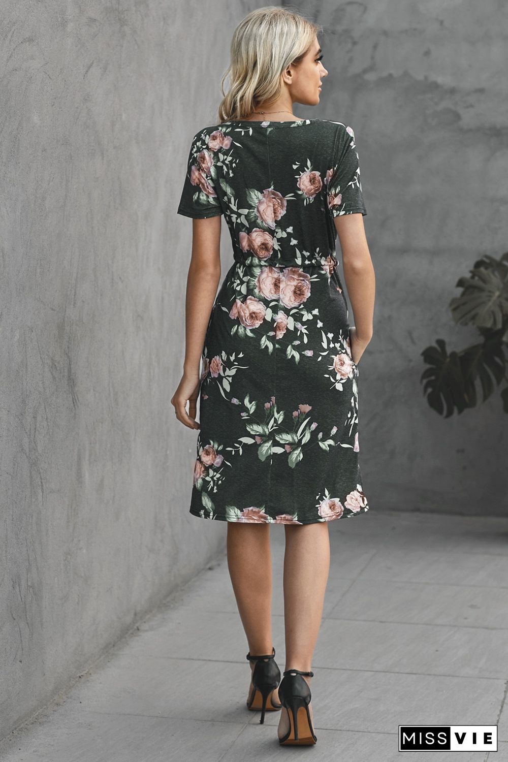 Short Sleeve Pocketed Drawstring Casual Floral Dress