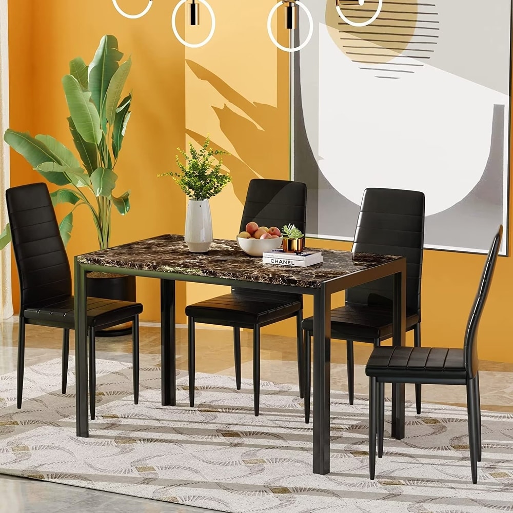 Mieres Modern Faux Marble 5 Pieces Kitchen Dining Set  Home Bar Dining Table Set with Upholstered PU Leather Chairs