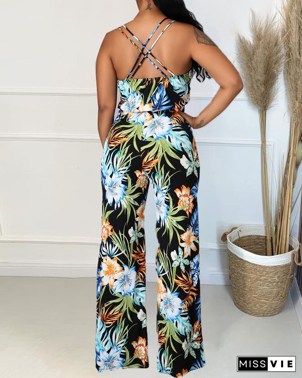 Floral Print Criss Cross Back Cami Jumpsuit