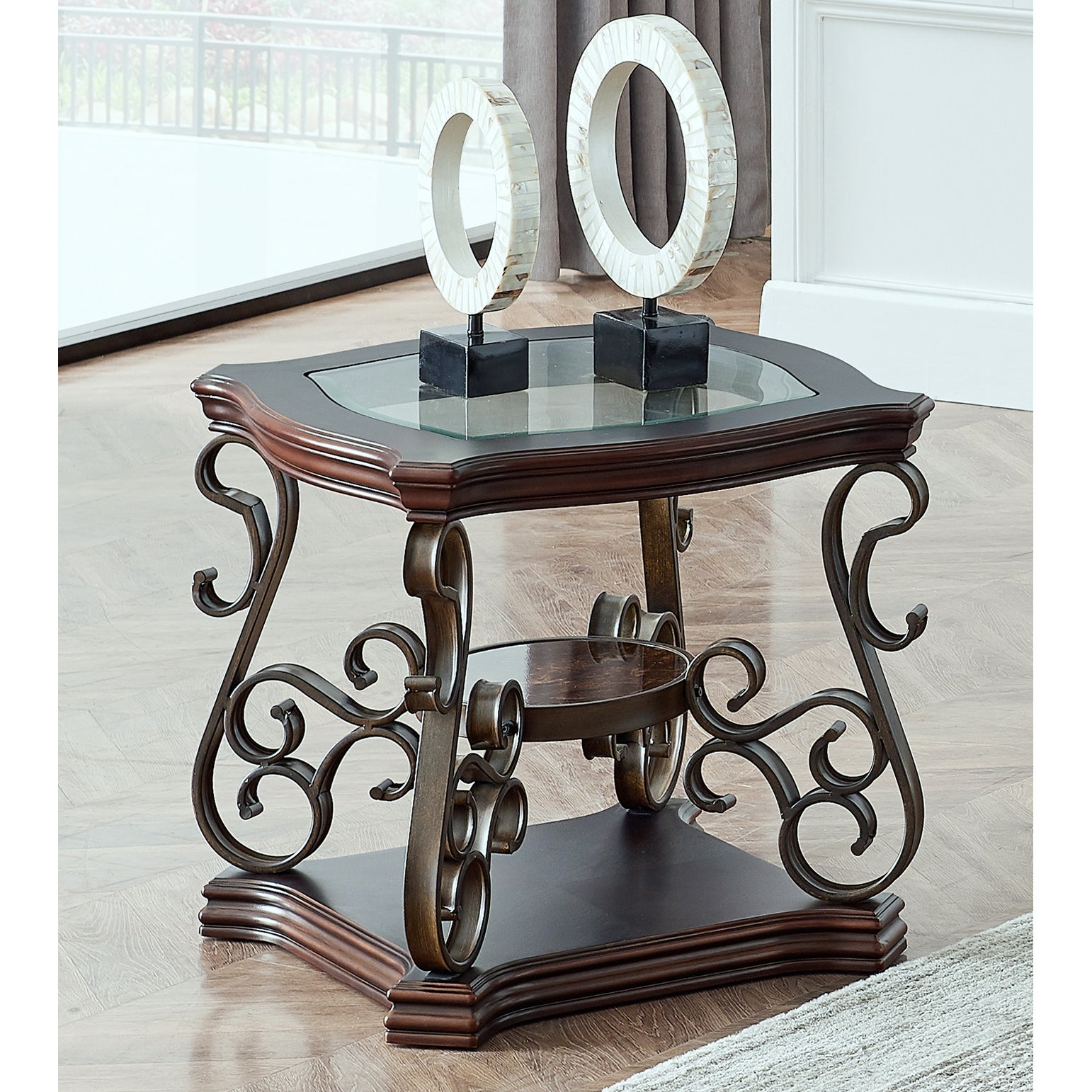 End table， Glass table top， MDF W/marble paper middle shelf， powder coat finish metal legs. (26.3