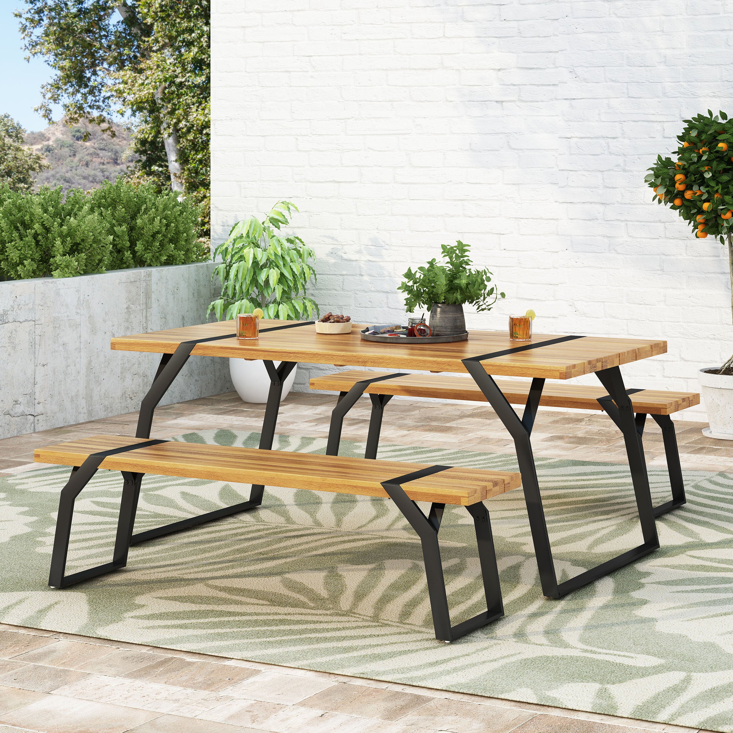 Nibley Acacia Wood Outdoor 3 Piece Picnic Dining Set， Teak and Black