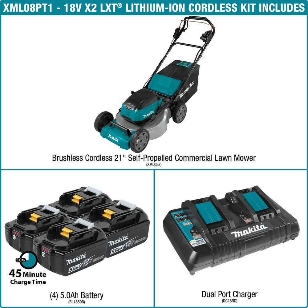 Makita 18V X2 (36V) LXT Cordless 21 in. Self-Propelled Commercial Lawn Mower 4 Batteries (5.0Ah)  bonus 13 in. String Trimmer XML08PT1-XRU23Z