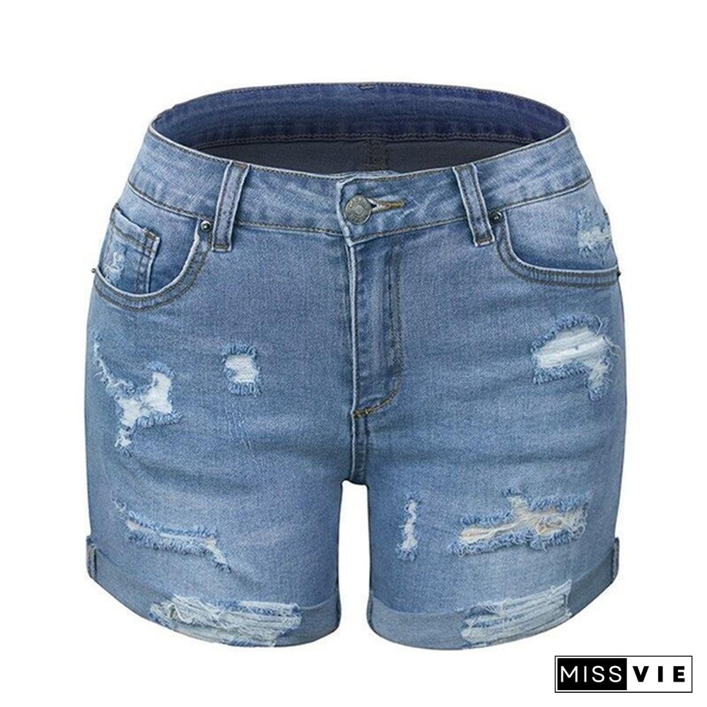 Znaiml New Summer Women High Waist Rippde Hole Button Straight Slim Jeans Shorts Casual Street Female Loose Fit Blue Denim Short