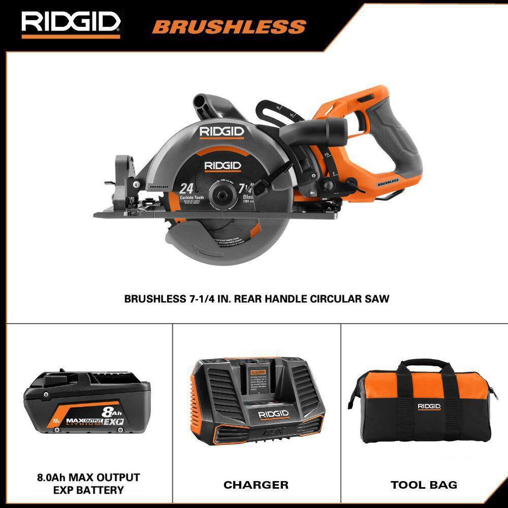 RIDGID 18V Brushless Cordless 7-14 in. Rear Handle Circular Saw Kit with 8.0 Ah MAX Output Battery 18V Charger and Bag R8658K