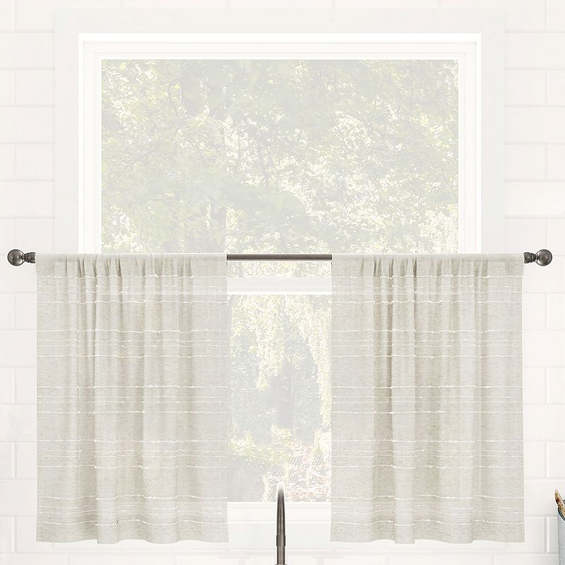 Clean Window Textured Slub Stripe Anti-Dust Linen Blend Sheer Cafe Curtain Pair