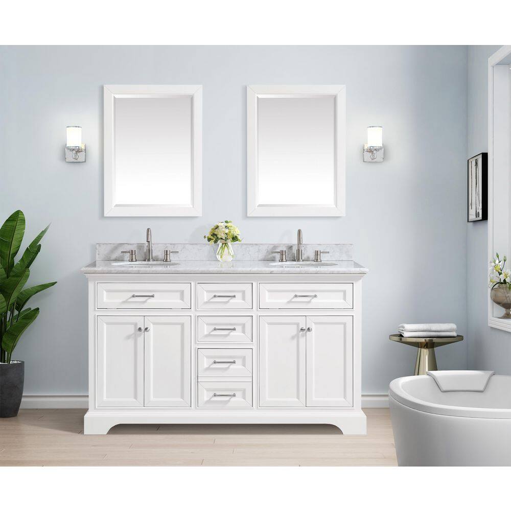 Home Decorators Collection Windlowe 61 in. W x 22 in. D x 35 in. H Freestanding Bath Vanity in White with Carrara White Marble Marble Top 15101-VS61C-WT