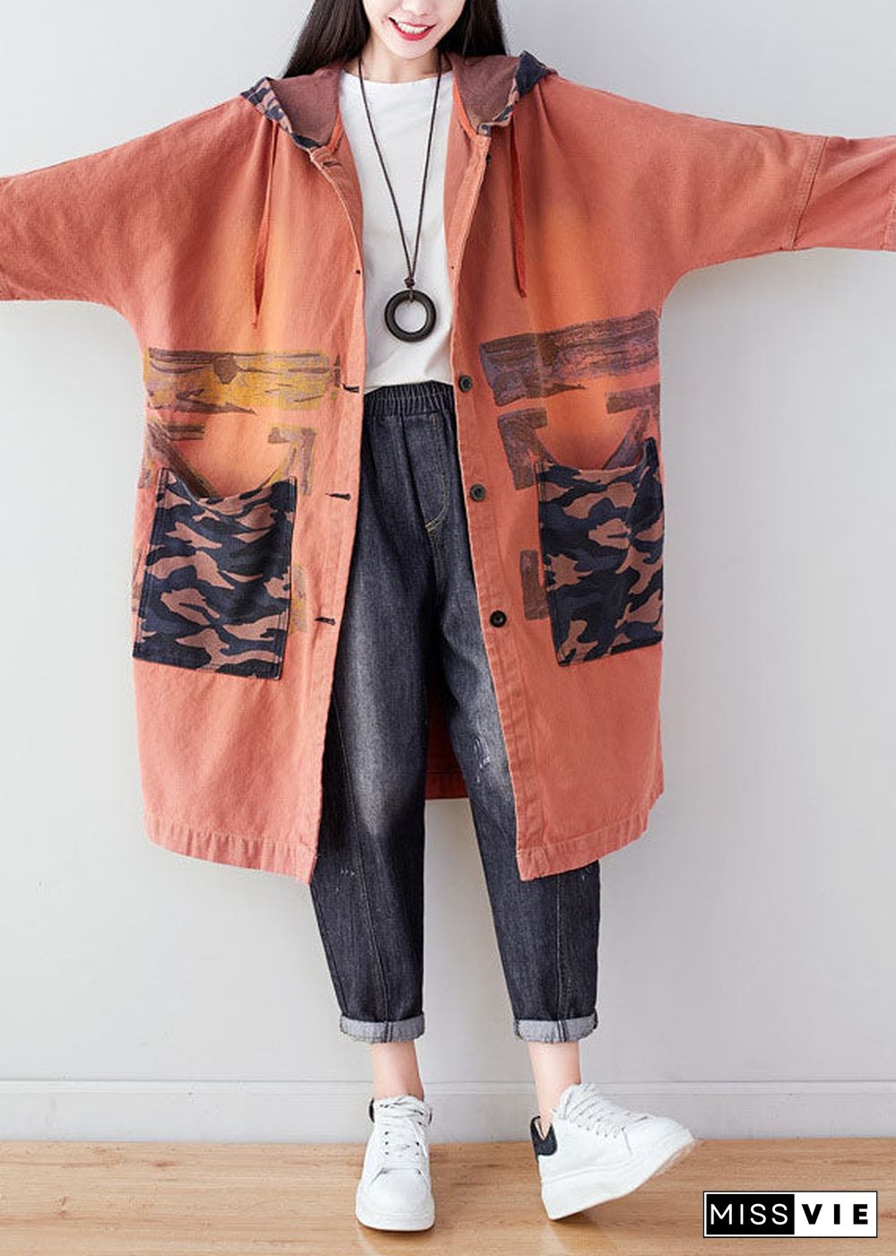 Orange Pockets Patchwork Print Cotton Hoodie Coat Spring