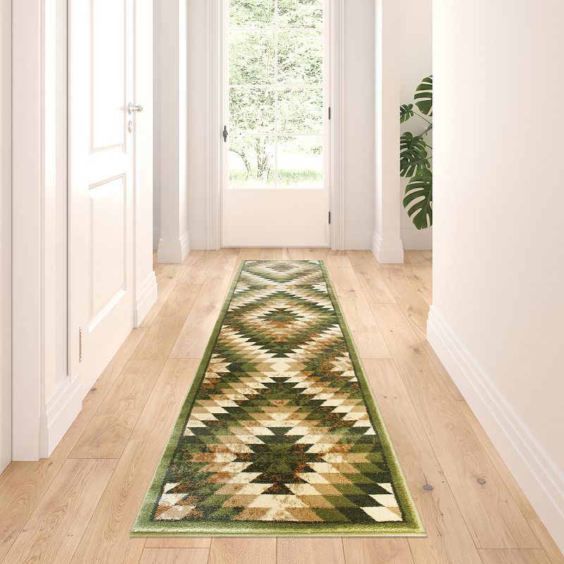 Masada Rugs Masada Rugs Stephanie Collection 2'x7' Area Rug Runner with Distressed Southwest Native American Design 1106 in Green， Brown and Beige