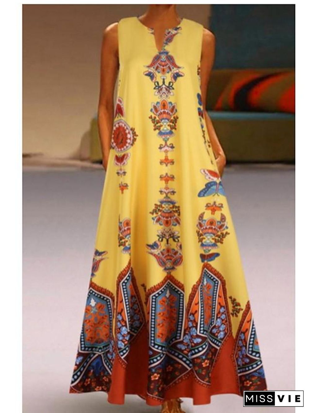 Women's Swing Dress Maxi long Dress - Sleeveless Tribal Summer V Neck Boho White Black Yellow Navy Blue Light Blue S M L XL XXL 3XL 4XL 5XL