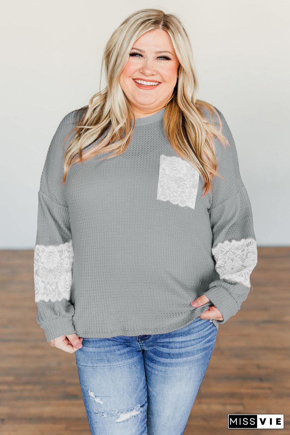 Gray Lace Patchwork Waffle Knit Plus Size Blouse