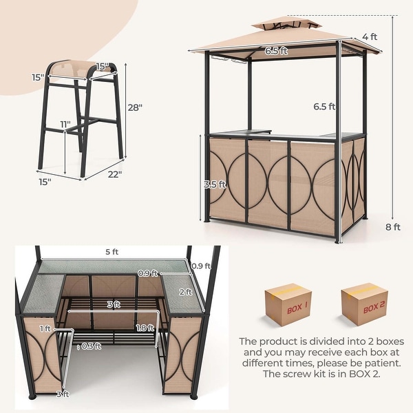 Costway 3 PCS Patio Bar Set with Tempered Glass Bar Table Metal