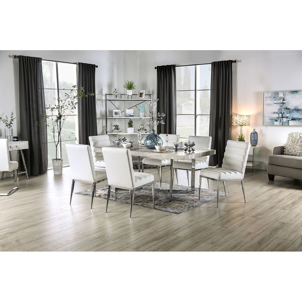 Metal and Faux Wood Veneer Dining Table in Light Gray and Chrome