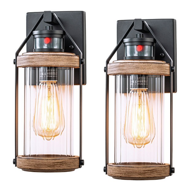 C Cattleya Black And Woodgrain Motion Sensing Dusk To Dawn Outdoor Wall Lantern Sconces 2 pack