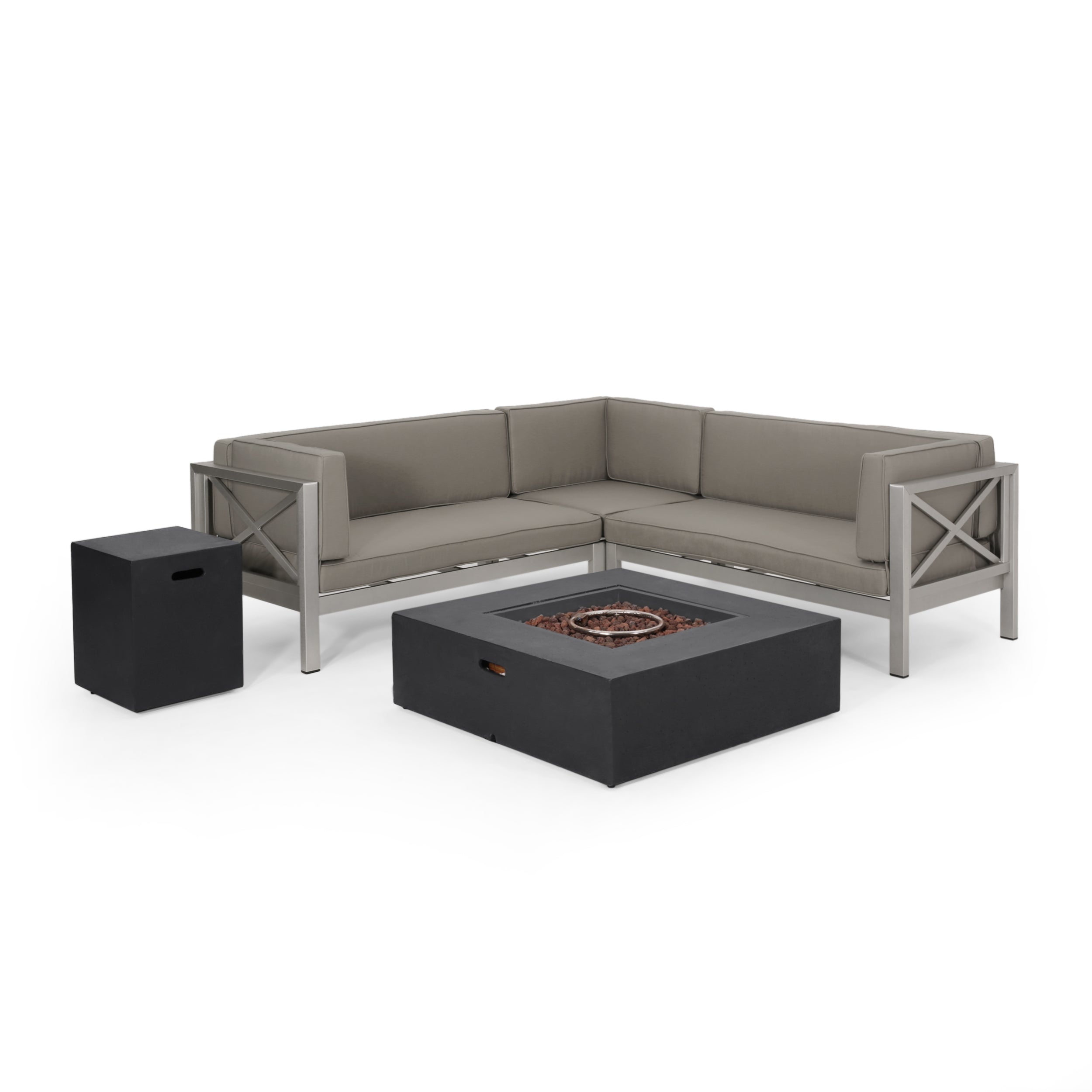 Morocco Vista Outdoor Modern 5 Seater V-Shaped Sectional Sofa Set with Fire Pit and Tank Holder