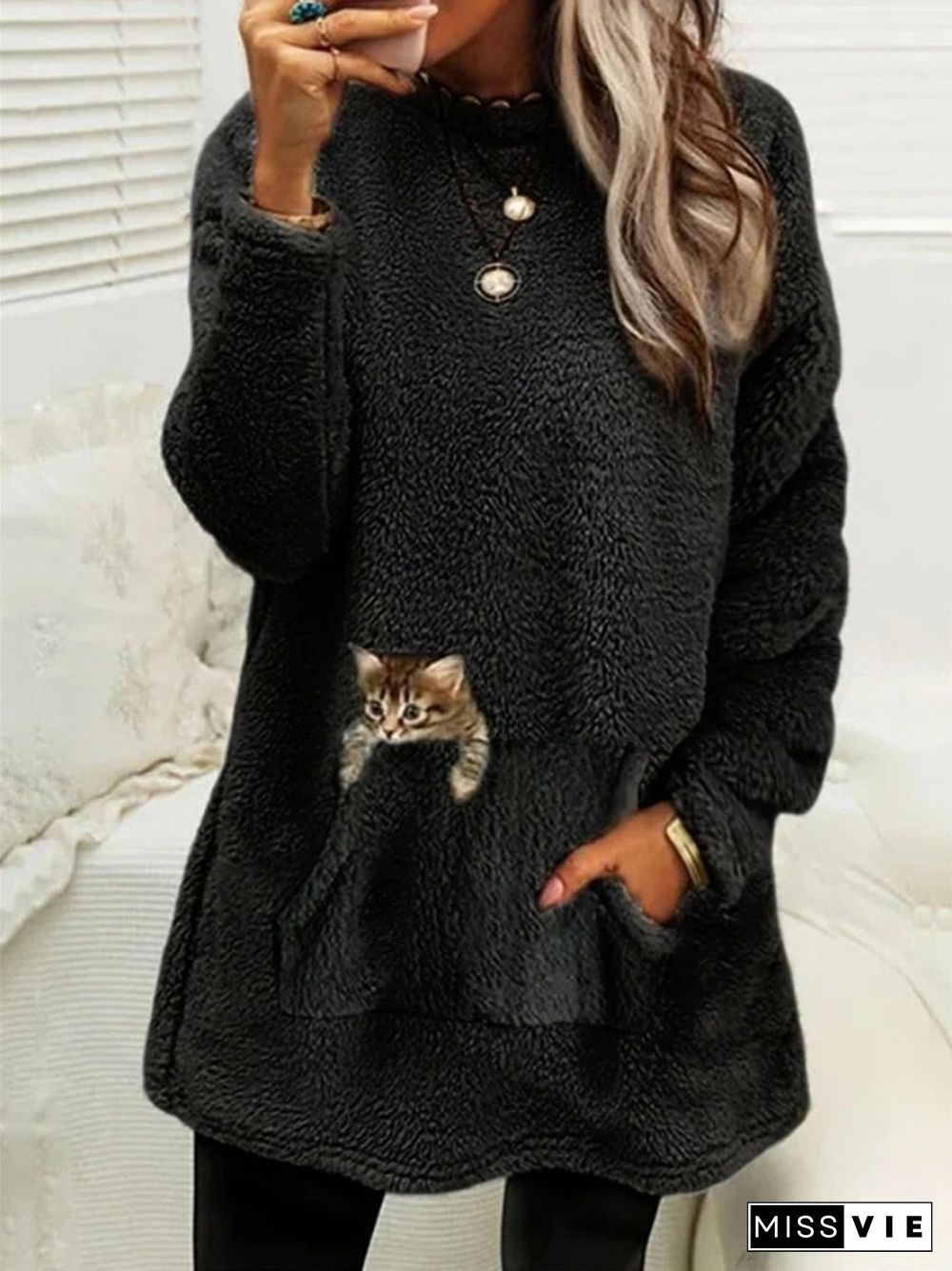 Women Long Sleeve Scoop Neck Pockets Cat Sweatshirts Tops