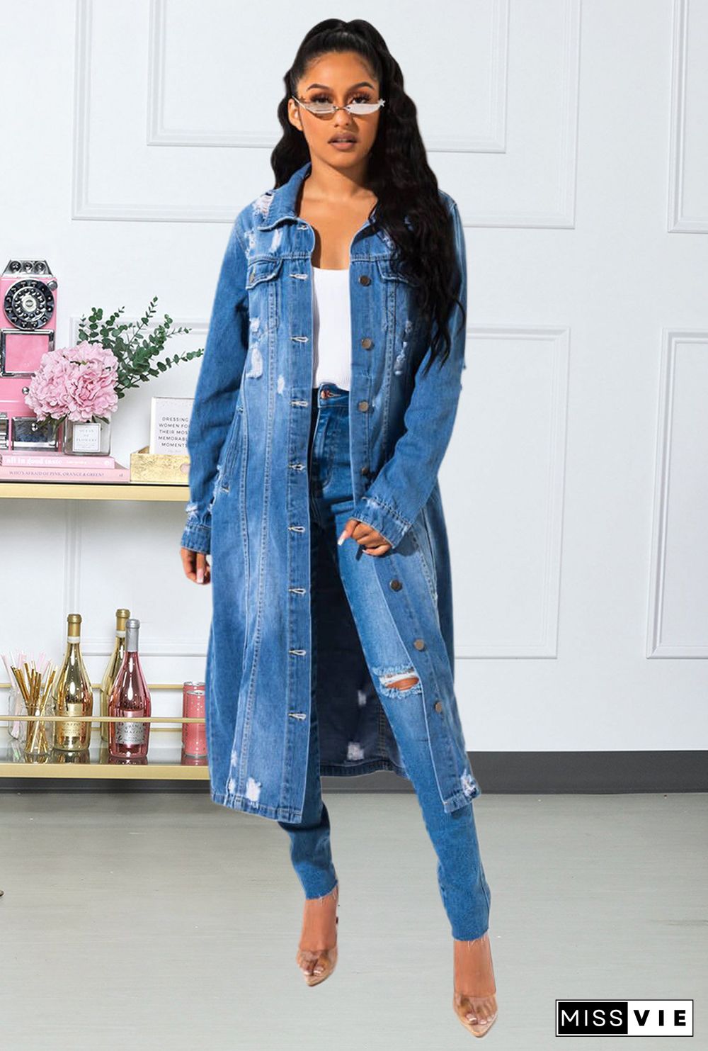 Women Broken Holes Long Denim Cape Coat Dress